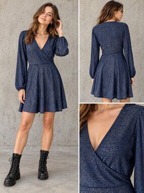 Sage the Label Blue Metallic V Neck Balloon Sleeve Mini Dress S